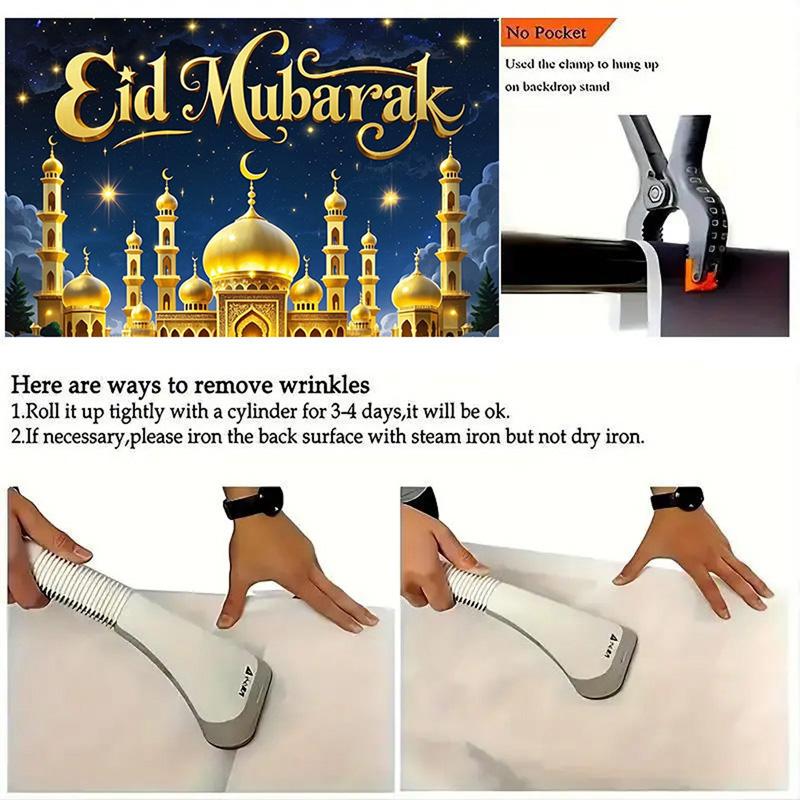 EID Al Adha Celebration Backdrop,Golden Arabian Night Theme with Moon, Stars&Mosque for Festive,Party ,Photo Studio Props