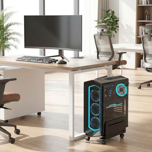 AGPTEK CPU Stand, Caster-equipped Cart with Side Panels, Movable CPU Stand for Desktops, Adjustable Width, 10kg Weight Capacity, Foot Storage, Heat Di