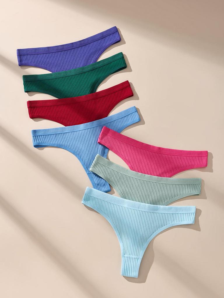 7 Stück Damen Strings Slips Baumwolle Gestreift Unterwäsche Sexy Unterhosen Einfarbiges Höschen Weiche G-Strings Damen Dessous Übergröße XS-XL