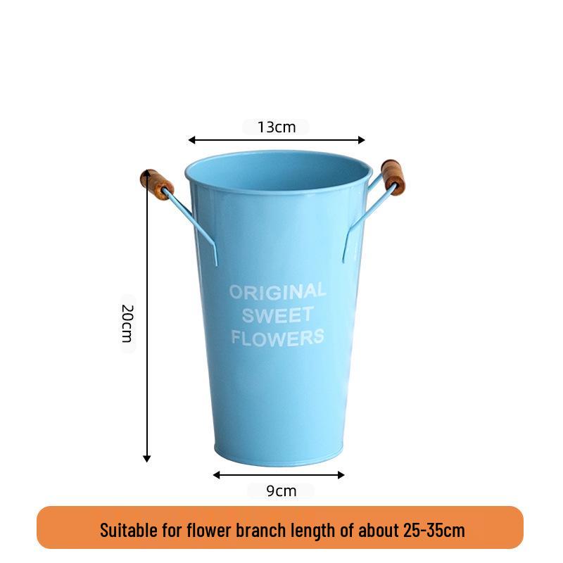 Blue Wooden Handle Decorative Tin Flower Bucket for Fresh Arranging - High Capacity Watering & Displaying Iron Bucket