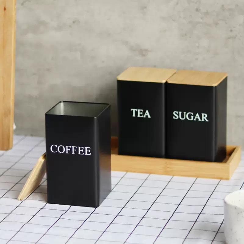 Bamboo Lid Tin Box for Sugar, Tea, and Coffee In Minimalist Style