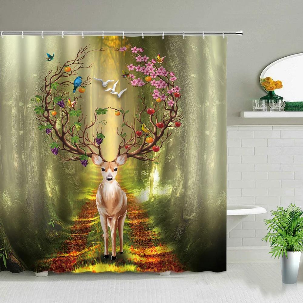 Beautiful Wing Elves Girl Shower Curtain Fantasy Enchanted Forest Bathroom Decor Deer Mushroom Flower Backdrop Hanging Curtains