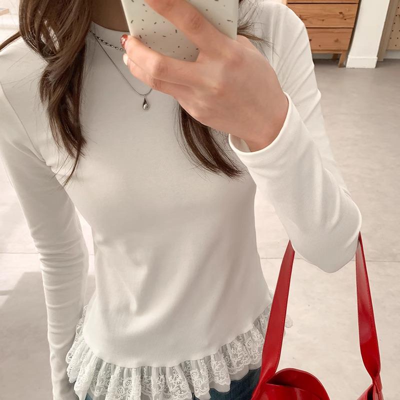 

White Lace-Trim Ballet Sleeve T-Shirt for Women XXL