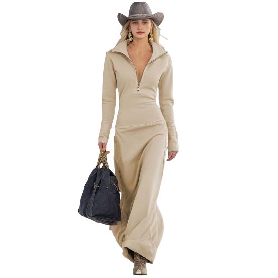 

Сукня-худі для жінок, повсякденна, з довгим рукавом, з напівблискавкою, пуловер, туніка, довга сукня, осіння, обтисла, максі S абрикосовий