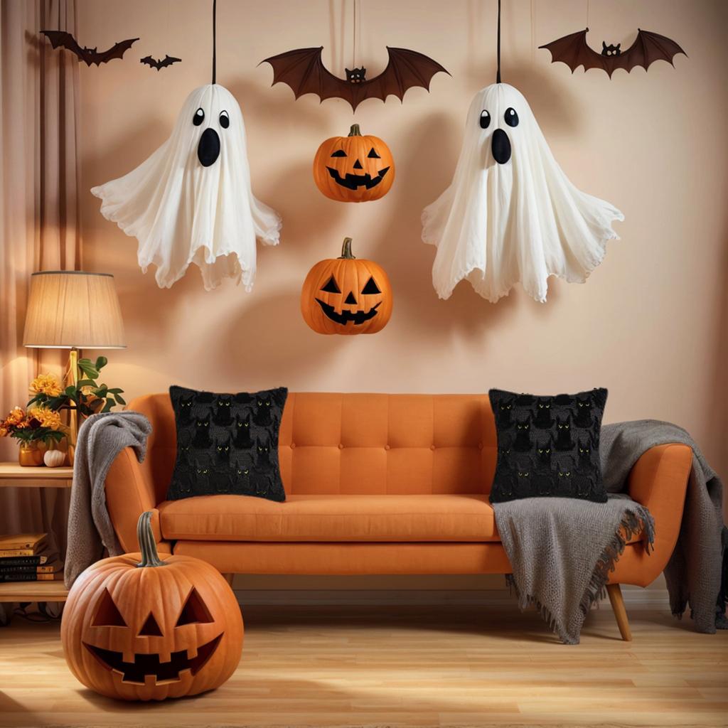 Halloween Cat Throw Pillow Cover Washable Plush Jacquard Pillowcase Reusable Embroidered Throw Cushion Covers Home Decorations