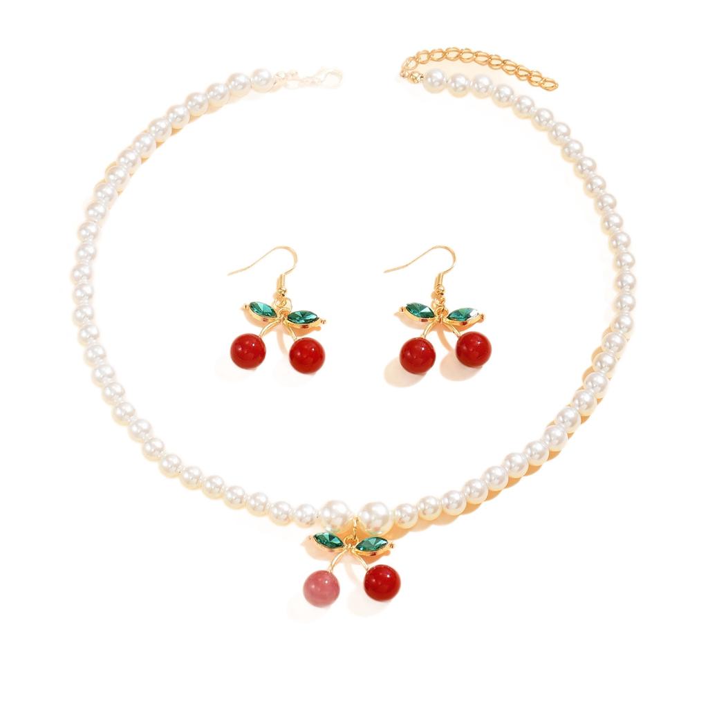 Imitation Pearl Cherry Pendant Necklace Earrings Set, Summer High-end Light Luxury Collarbone Chain Jewelry Necklace