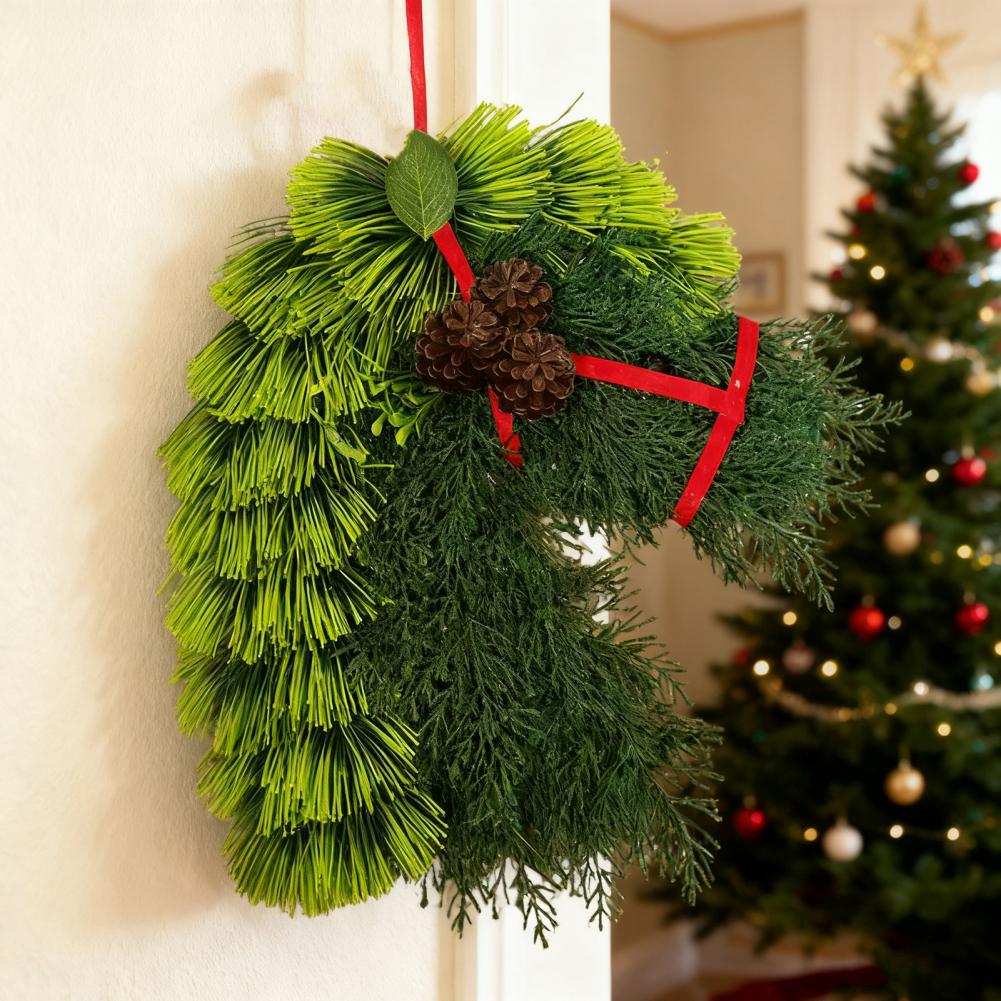 Holiday Horse Decoration Rustic Horse Head Wreath with Ribbon Hand-woven Artificial Branch Equestrian Door Decor Christmas Front