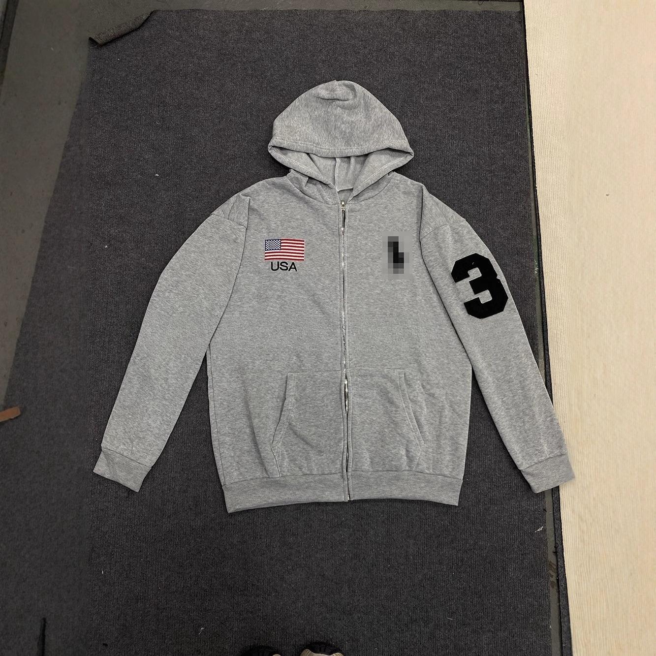 Американский выстиранный узор Вышитый Худи с длинным рукавом Японский тренд Высококачественное Свободное Повседневное Пальто Мужское S серый