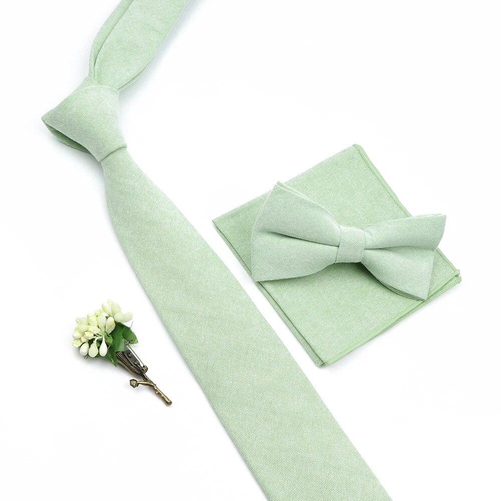 Solid Color Cotton Necktie Set For Men Tie 4pcs Hanky Cufflinks Rhinestone FLoral Brooch Tie Set