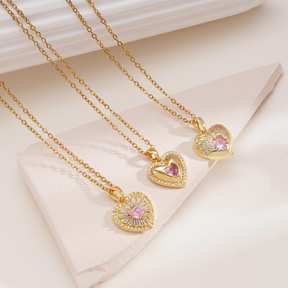 Romantic Pink Zircon Love Heart Pendant Necklace for Women Girls Stainless Steel Chain Luxury Sweet Collar Jewelry Gifts
