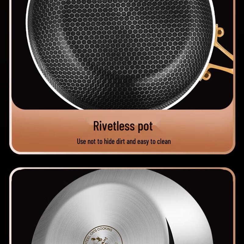 28cm Edelstahl Waben-Bratwok mit goldenem Griff und Deckel