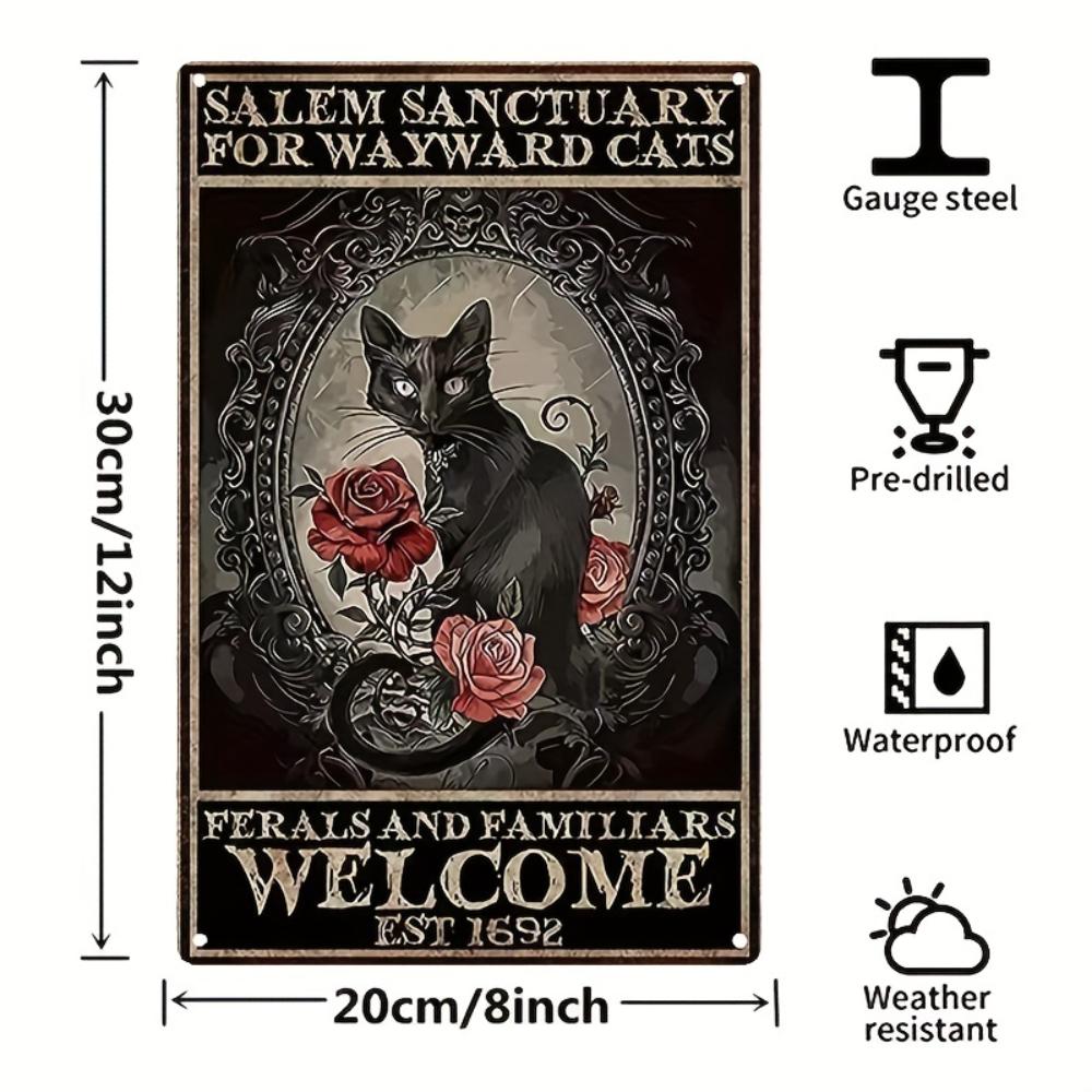 

1 шт., Хэллоуинская металлическая жестяная табличка «Приют Салема для заблудших кошек» (8 x12 /20см*30см), Винтажная табличка Декоративное настенное искусство белый