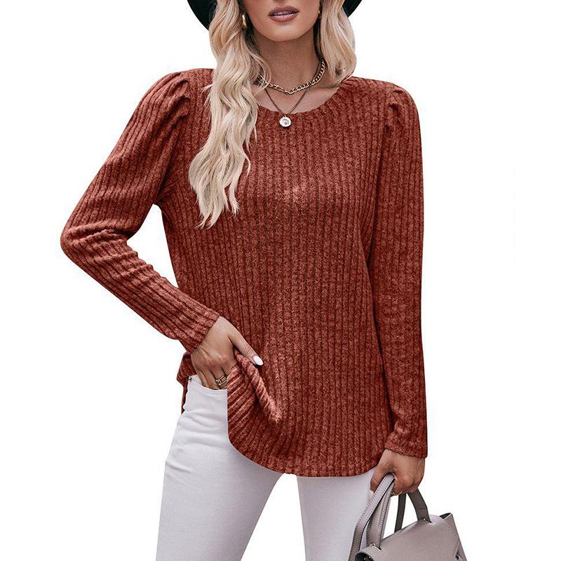 2023 Autumn Loose Tshirt Bubble Sleeve Stripe Shirt Women Office O-Neck Casual Shirt Women Top Solid Top Elegant 28653