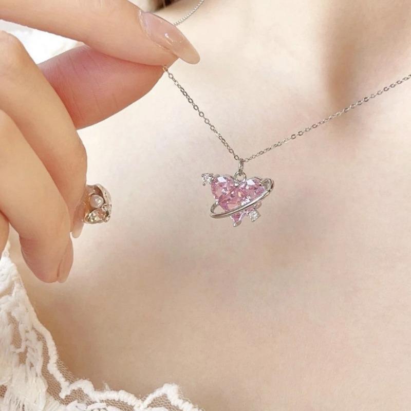 

Новая мода кристаллический порошок циркон кулон «Планета любви» ожерелье для женщин и девочек элегантные и милые вечерние украшения в стиле панк розовый