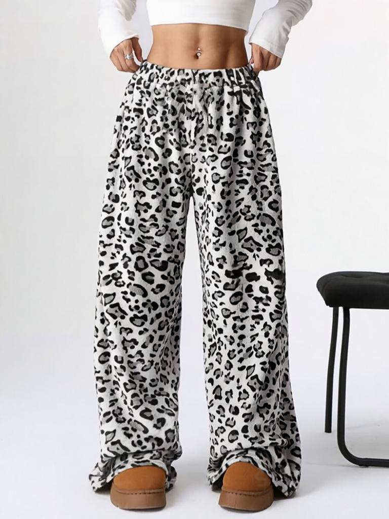 Women Leopard Print Wide Leg Pants Elastic Waist Drawstring Casual Loose Long Trousers