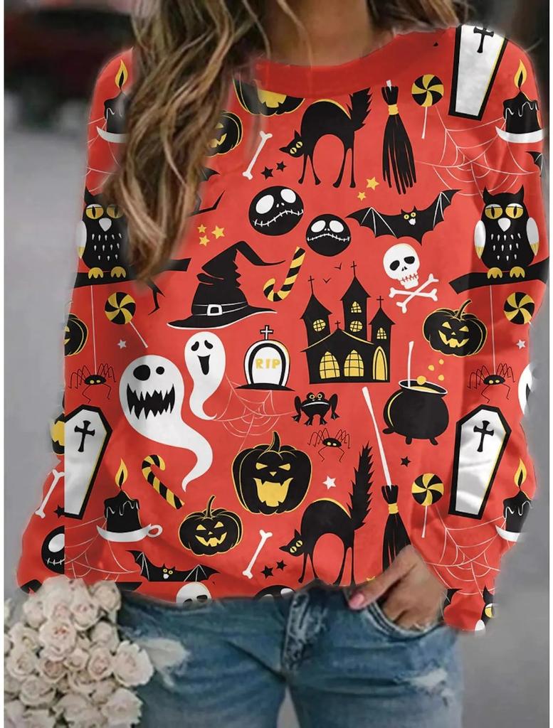 2025 autumn and winter Halloween element explosion 3D digital printing women's crew neck sweater