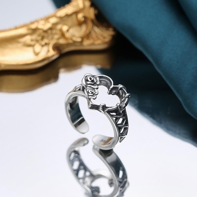 Adjustable Open Ring With Hollow Heart Rose Design Sterling Vintage Style Unisex Fashion Jewelry