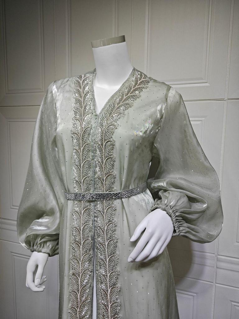 AB453 Puff Sleeve Cardigan: Elegant Long Dress & Robe Set with Hot Drill Accents