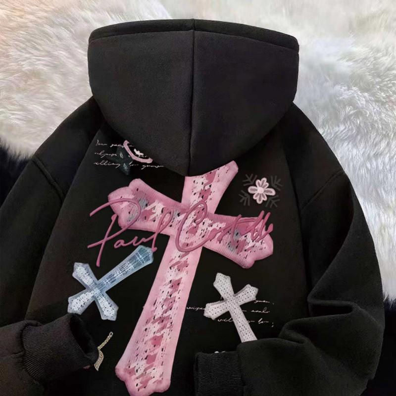 Gothic Pink Cross Print Hoodie Oversized