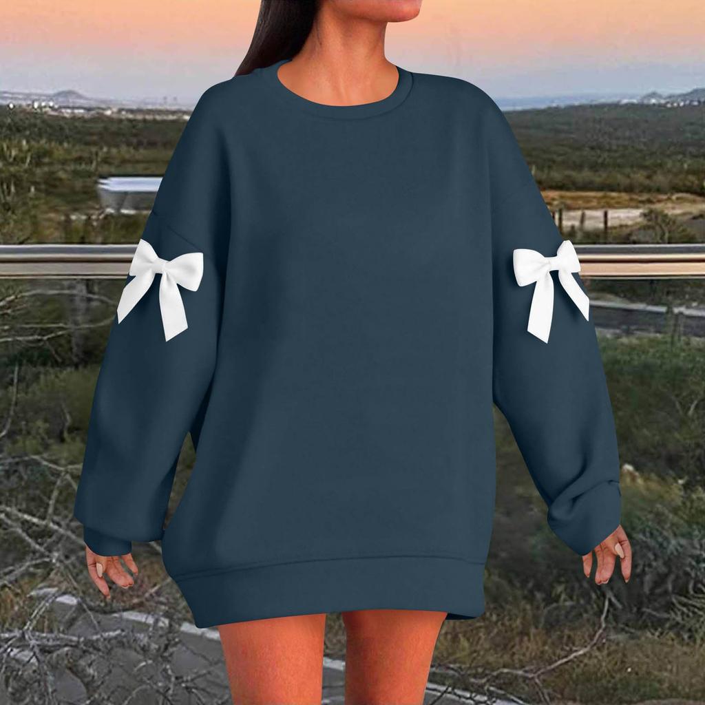 Women's Solid Color Bow Round Neck Long Sleeved Loose Pullover Sweater Sweatshirt