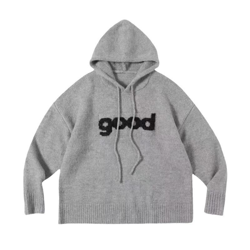 Women's Autumn/Winter 2024 Grey Knit Hoodie: Lazy Style, Loose Fit, Slimming Design