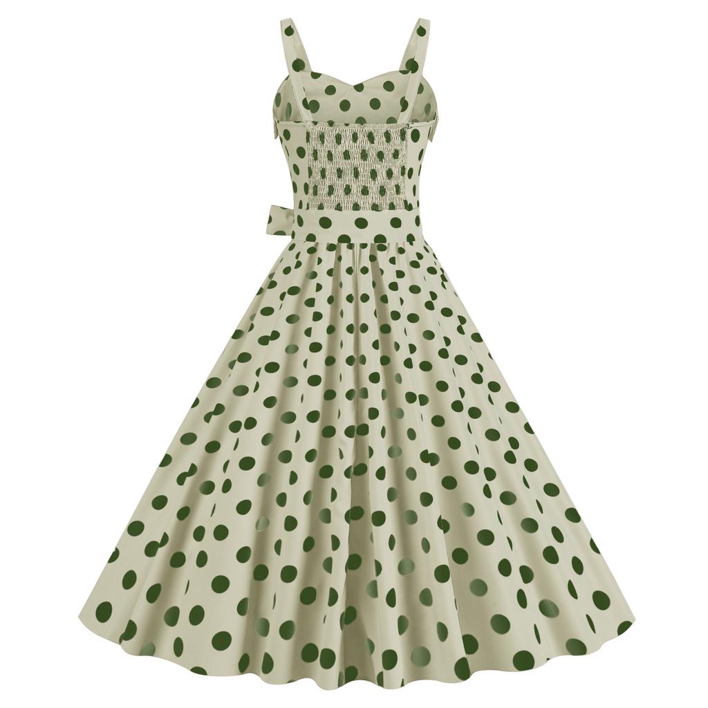 Women Vintage Dress 50s Retro A-line Big Swing Sleeveless Dot Print Contrast Color Elastic Bust High Tight Waist Backless Knee Length Evening
