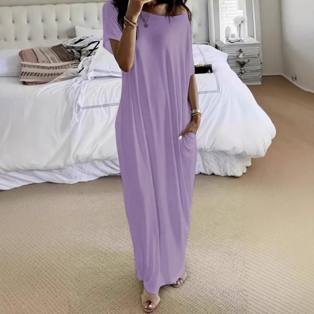 European & American Summer Women's Solid Color Short Sleeve Long Dress