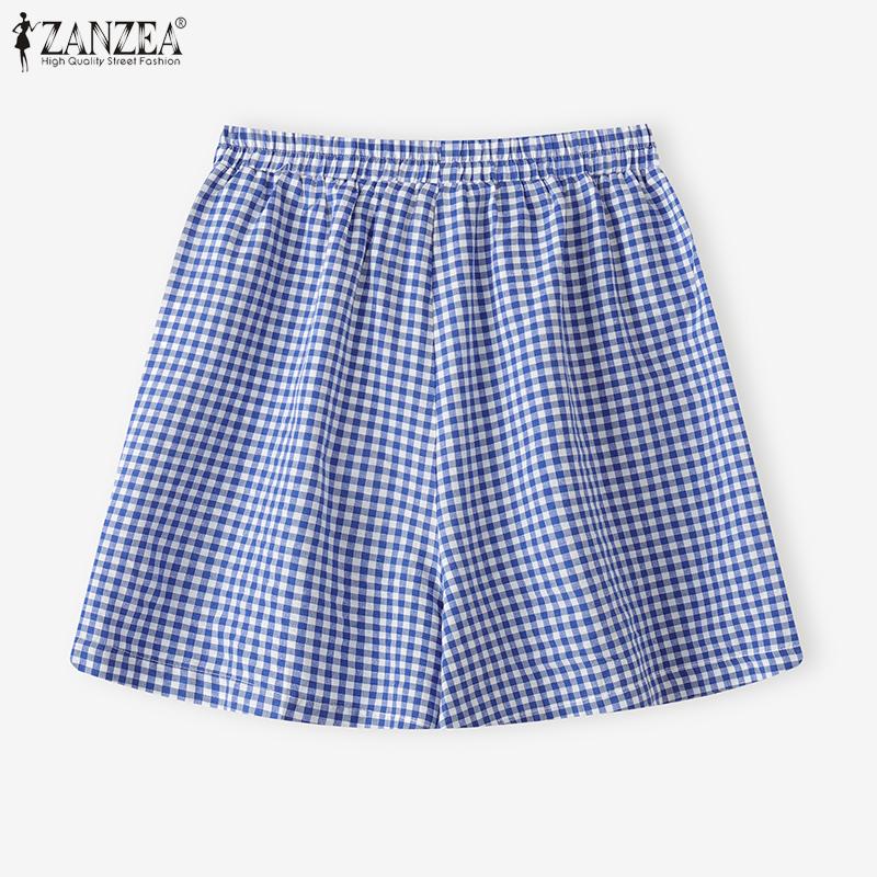 ZANZEA Women Summer Elastic Waist Summer Plaid Print Short Pants