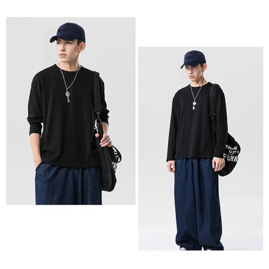 Men Long Sleeve T-Shirt Crew Neck Loose Fit Cotton Base Shirt Solid Color Casual Tee Shirt for Spring Autumn Casual Wear