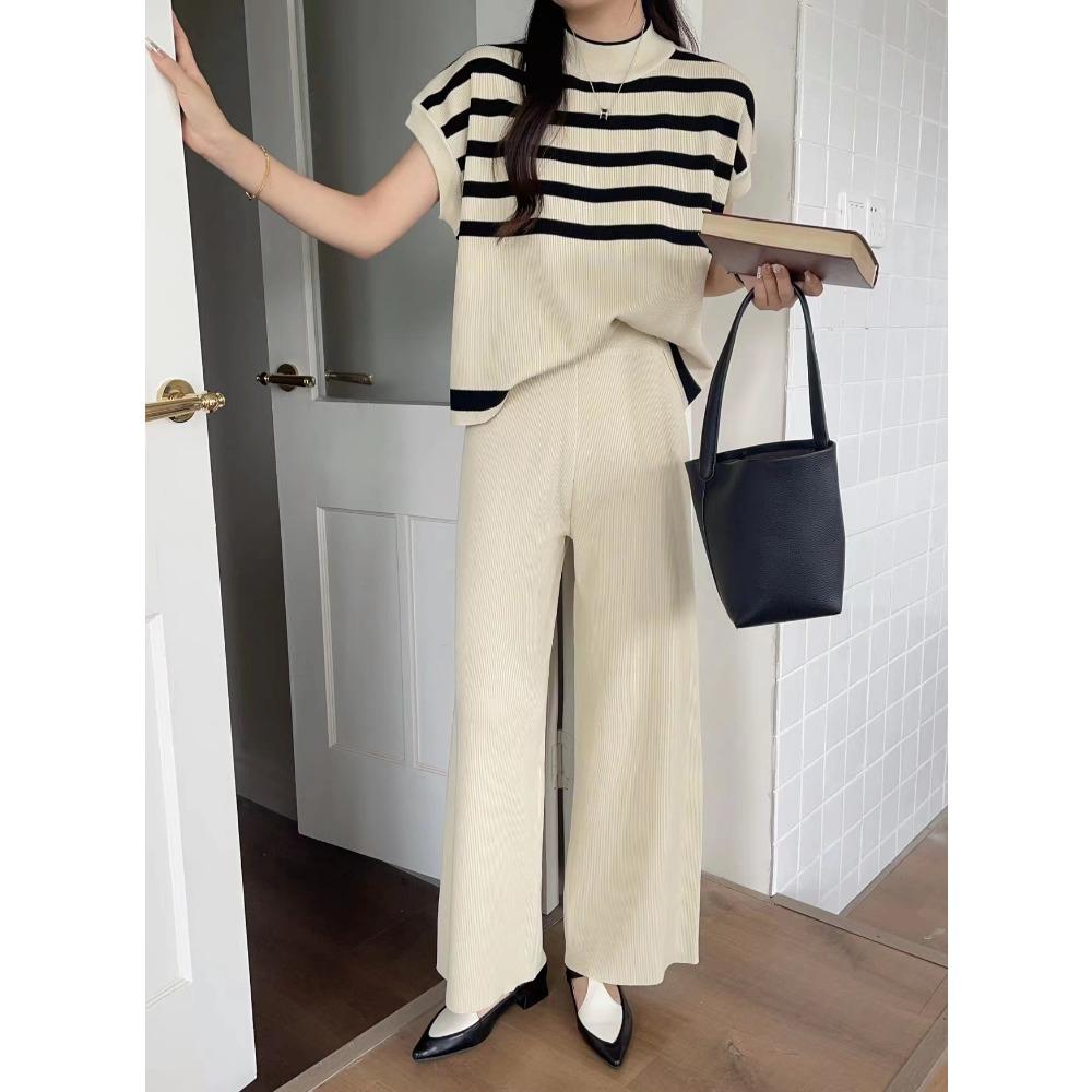 Simple High-end Fashion Niche Striped Knitted Vest Top Fashion Slim-fitting Wide-leg Pants Women