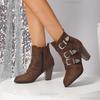 Übergröße 35-43 Damen Gürtelschnalle Stiefeletten Spitze Blockabsatz Reißverschluss Seitlich Modische Booties Braun Herbst Damen Schuhe
