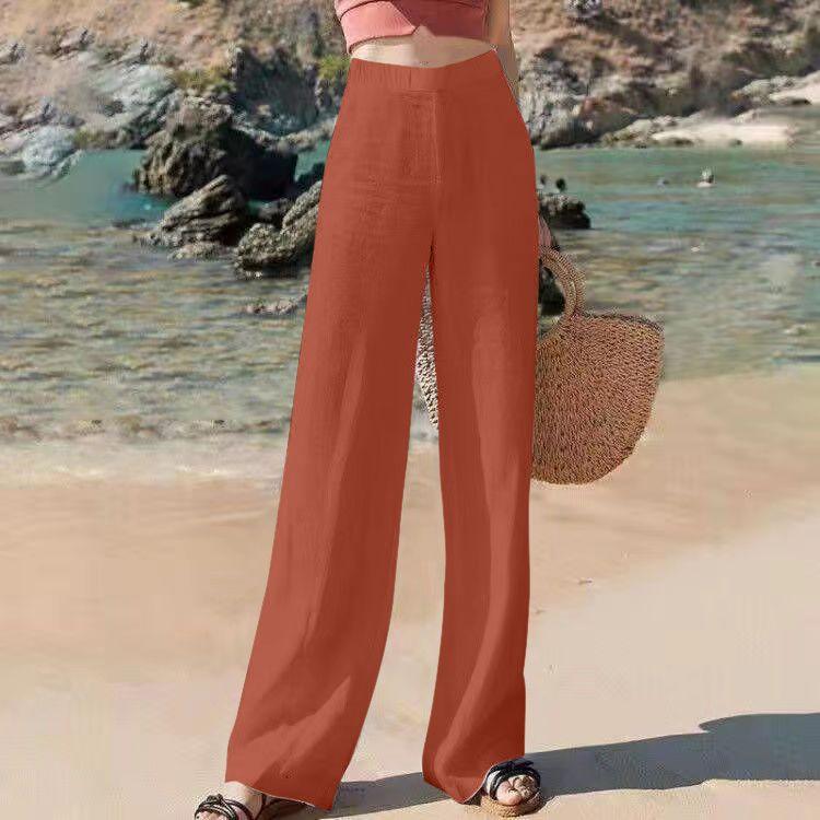 Summer Womens Pants Cotton Linen Waist Colors Wide Leg  Drawstring Casual Loose Linen Long Pants