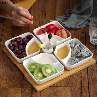 Multi Grid Ceramic Fruit Platter Wooden Tray Snacks Dessert Plates Home Tableware Dried Fruit Nut Candy Tray Kitchen Accessories