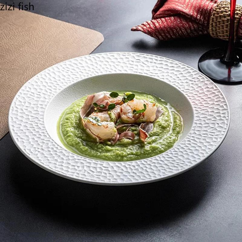 Frosted Ceramic Plate Salad Plate Pasta Dish Thick Soup Plate Serving Dish Hammer Pattern Straw Hat Plates Restaurant Tableware
