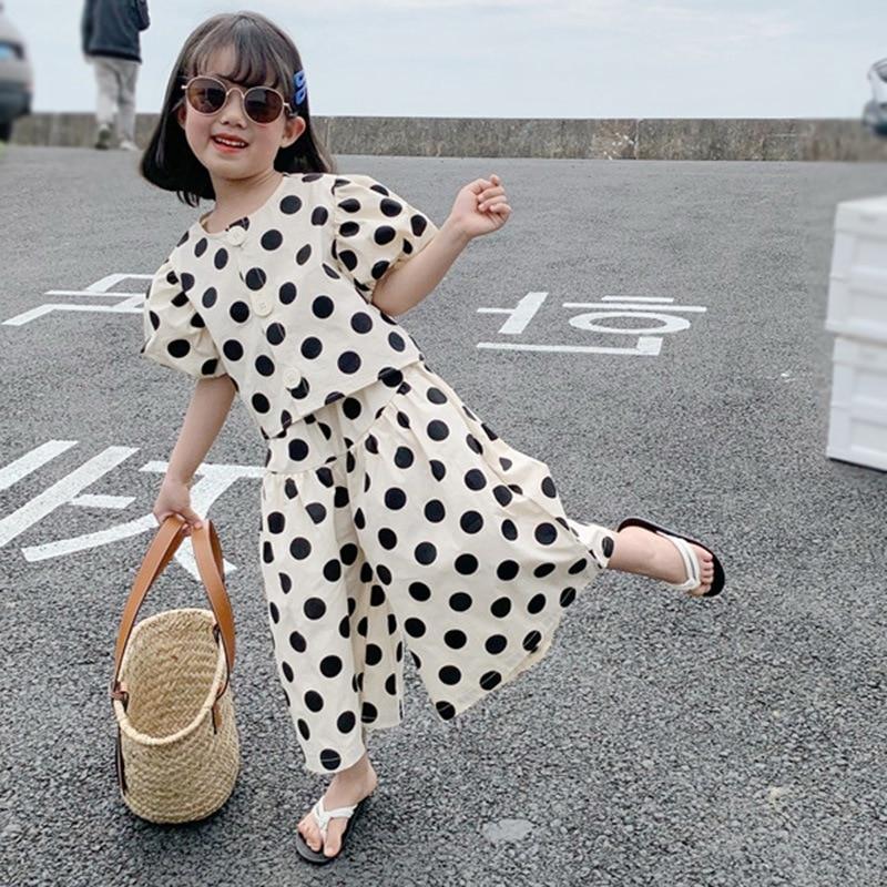 Girl's Summer Polka Dot Suit Middle and Large Baby Temperament Cute Bubble Sleeve Top + Wide Leg Pants Loose Leisure Two-piece Suit