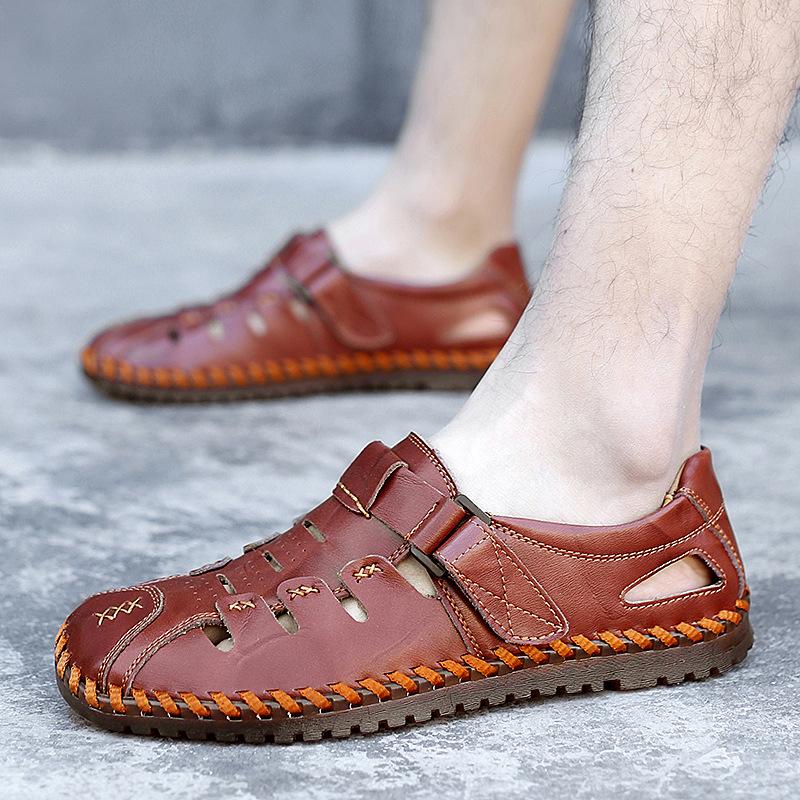 Plus Size Men's Shoes Without Shoelaces Summer Sandals Closed Toe Breathable Genuine Leather Shoes Men's Casual Hollow Hole Driving
