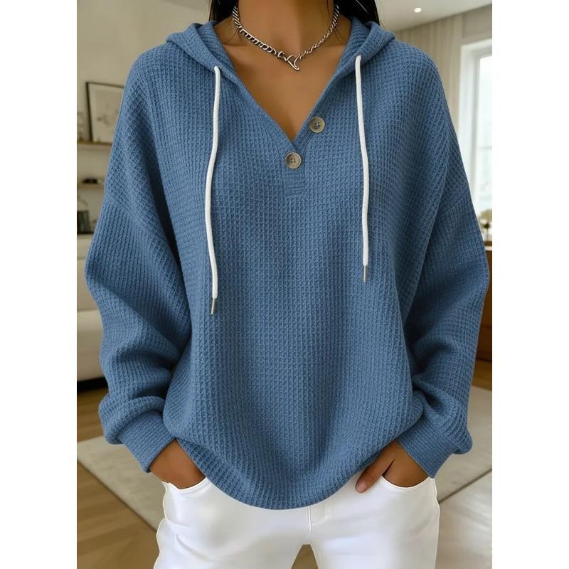 Women S Loose Fit Drawstring Hooded Waffle Knit Sweatshirt