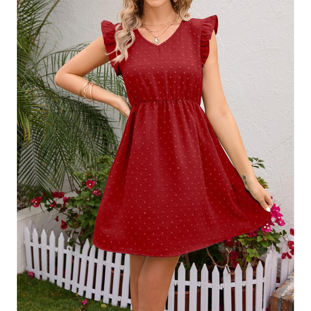 Women's Summer Fashion Color V-Neck Wooden Ears Waist Waist Vacation Casual Dress