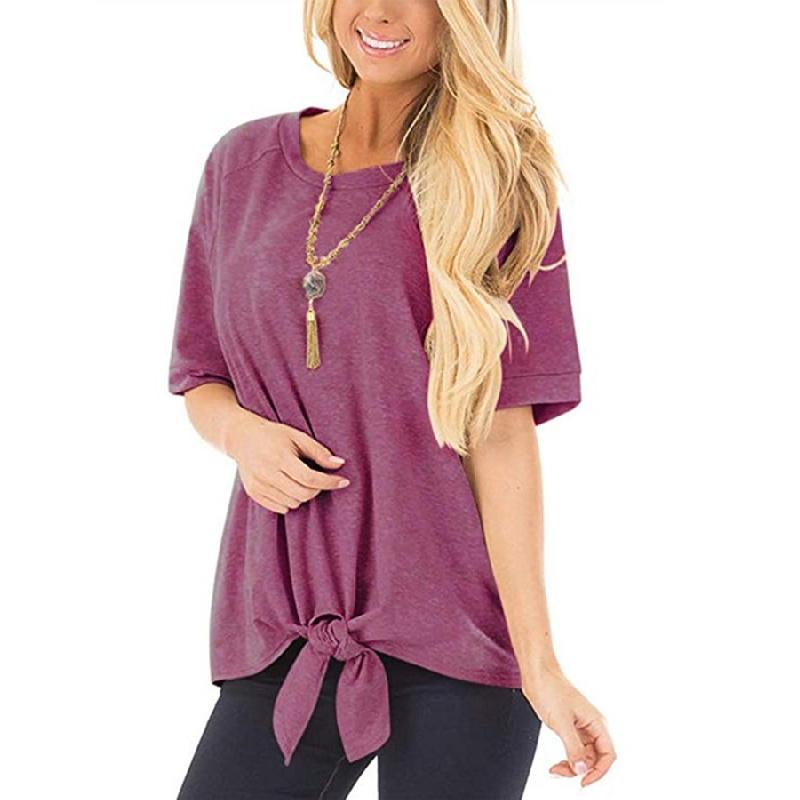 2026 Women's Fashion Wish Summer New Round Neck Short Sleeve Loose T-Shirt with Knotted Hem