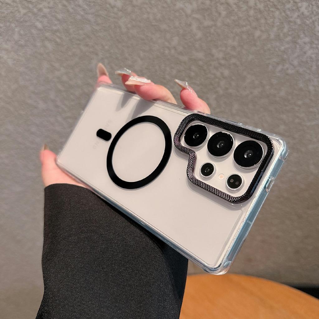 For Samsung Galaxy S24 Ultra Case Compatible with MagSafe PC+TPU Clear Phone Cover with Diamond Texture Lens Frame