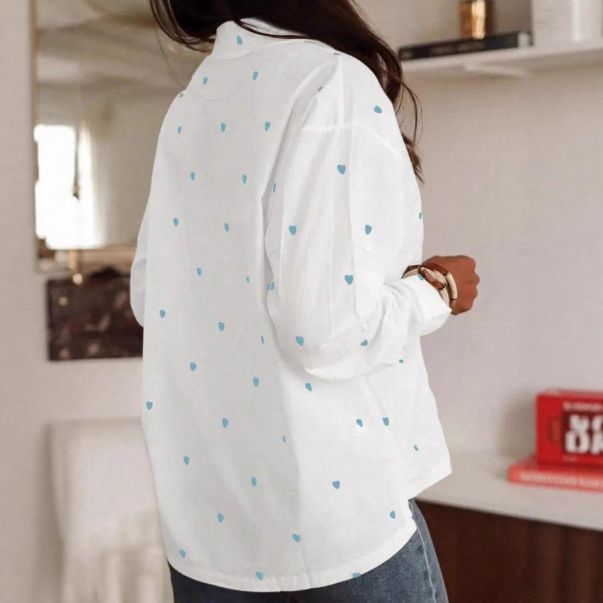 Women Long Sleeve Turn Down Collar Shirt Heart Print Loose Casual Blouse Elegant Office Daily Shirt European American Fashion Tops Factory Source