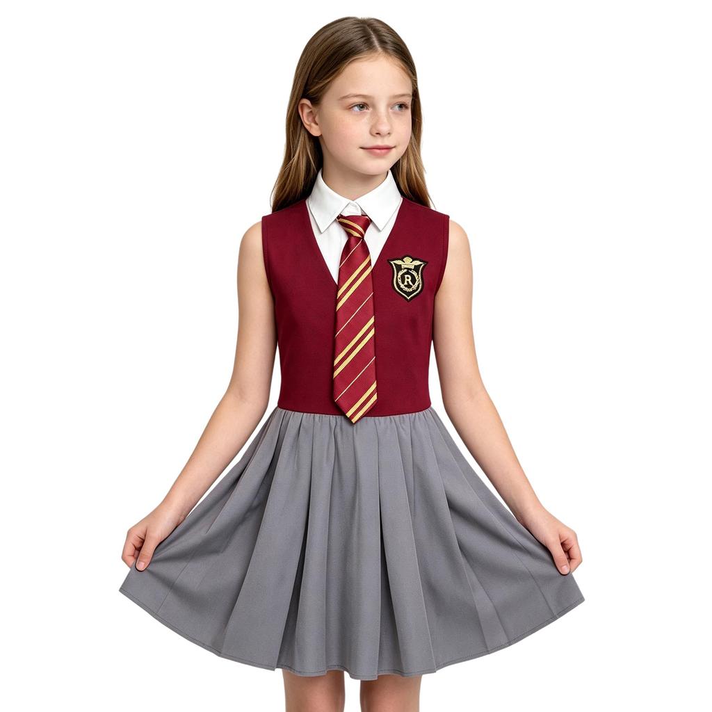 Sleeveless Ruffled Dress with Lapel Collar and Buttons Patch Decor Necktie for Girls Halloween Cosplay Themed Party Costume