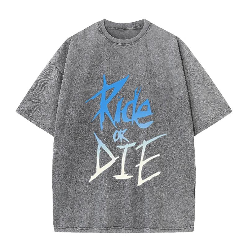 Ride Or Die Letter Print Vintage Washed T Shirt Unisex Punk Rock Casual Tee