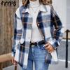 Chaquetas y abrigos de cuello polo de manga larga con estampado de cuadros informales a la moda para mujer para otoño e invierno