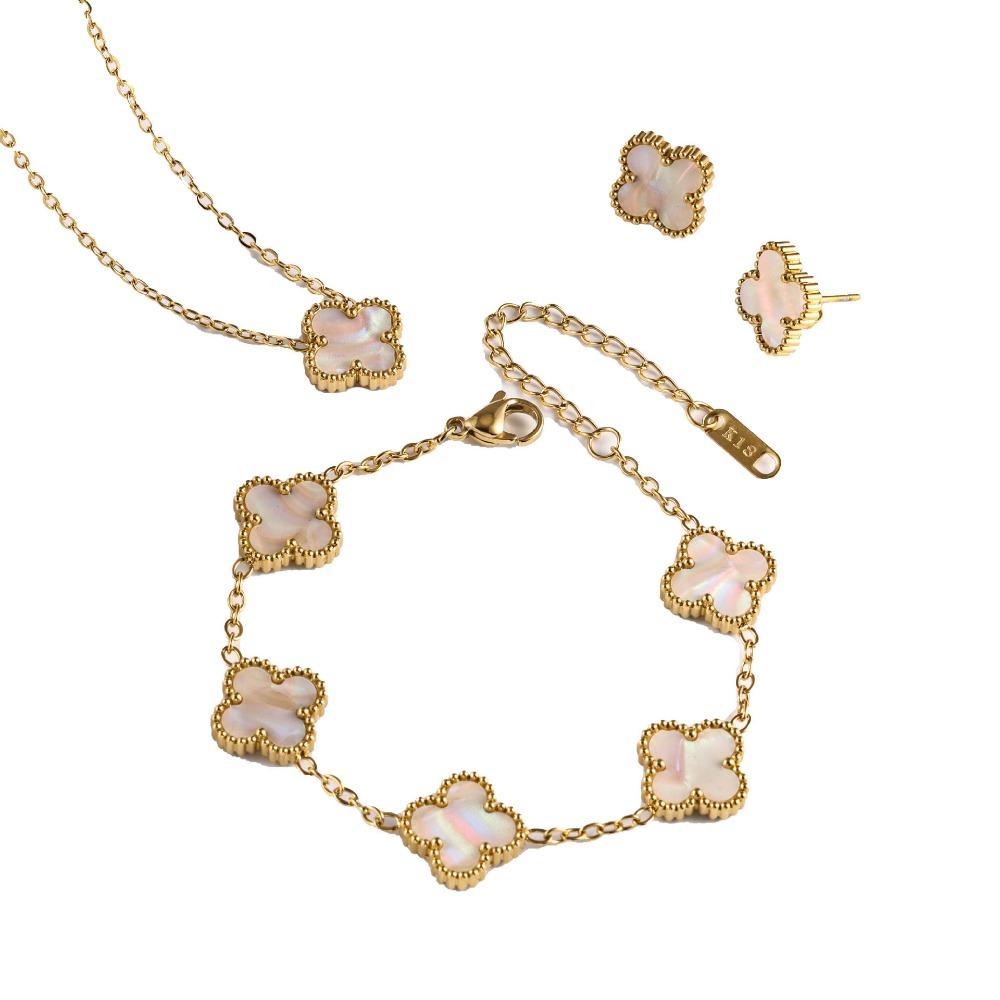 Women's and Girls' Four-leaf Clover Three-piece Set Colorfast Necklace Bracelet Earrings Jewelry