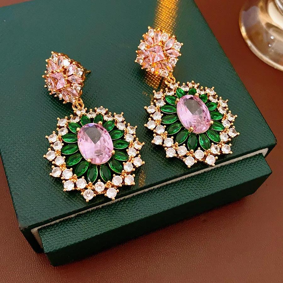 Vintage Zirkon Blumen Quastenohrring für Damen Zinklegierung Nadel Farbe Hängeohrringe High-End 2025 Luxus Designer Zirkon Geschenke