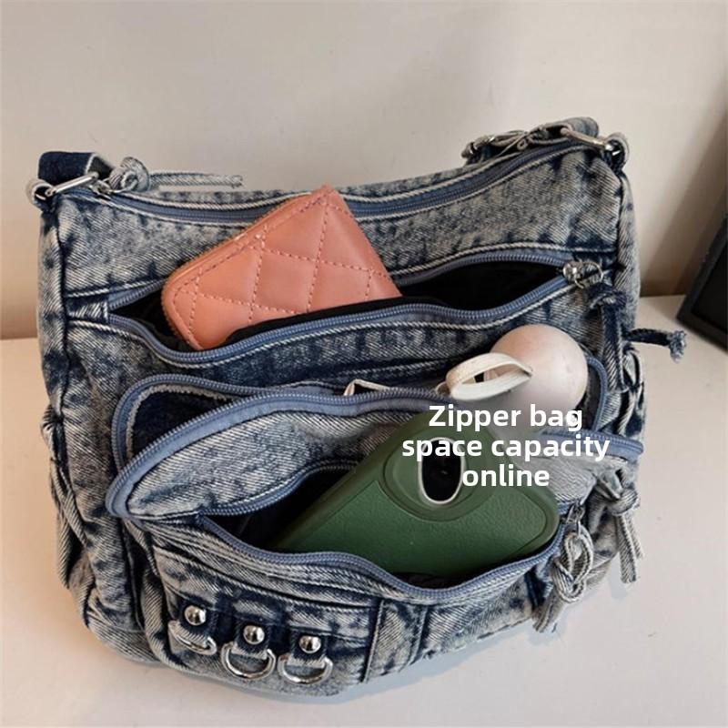 Borsa a Spalla in Denim Lavato Vintage da Donna, Borsa Casual da Donna in Tessuto Morbido con Chiusura a Zip, Borsa a Tracolla Monocolore Cowgirl