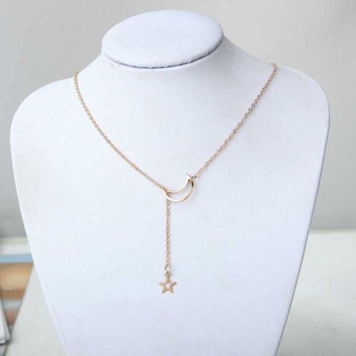Collier Sautoir Pendentif - SHOP-STORY - MOON STAR GOLD - Acier inoxydable - 50 cm - Céleste