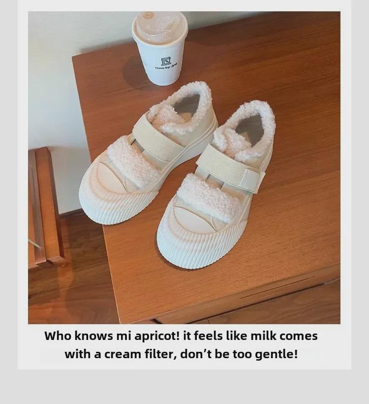 Women's Cowhide Grape Fur Velcro Thick Sole Velvet-Lined Warm Biscuit Shoes