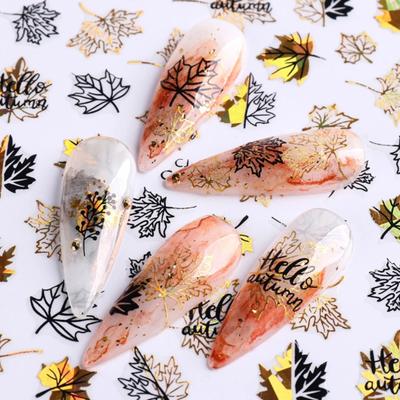 Yousheng Nail Sticker Maple Style 3D Effect Ultra Thin Gold Leaf Nail Stickers Autumn Water Transfer for Manicure